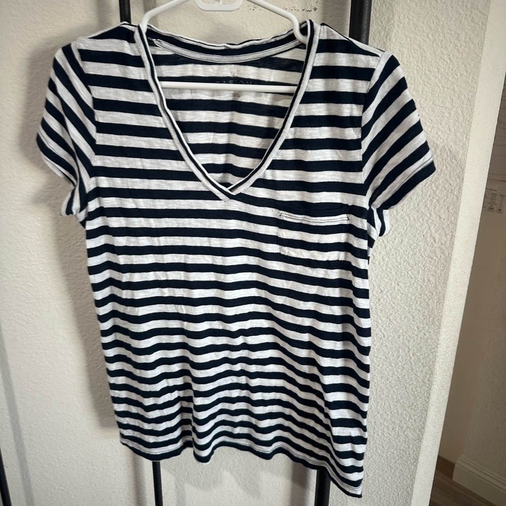Caslon Navy and White Striped V-Neck Tee